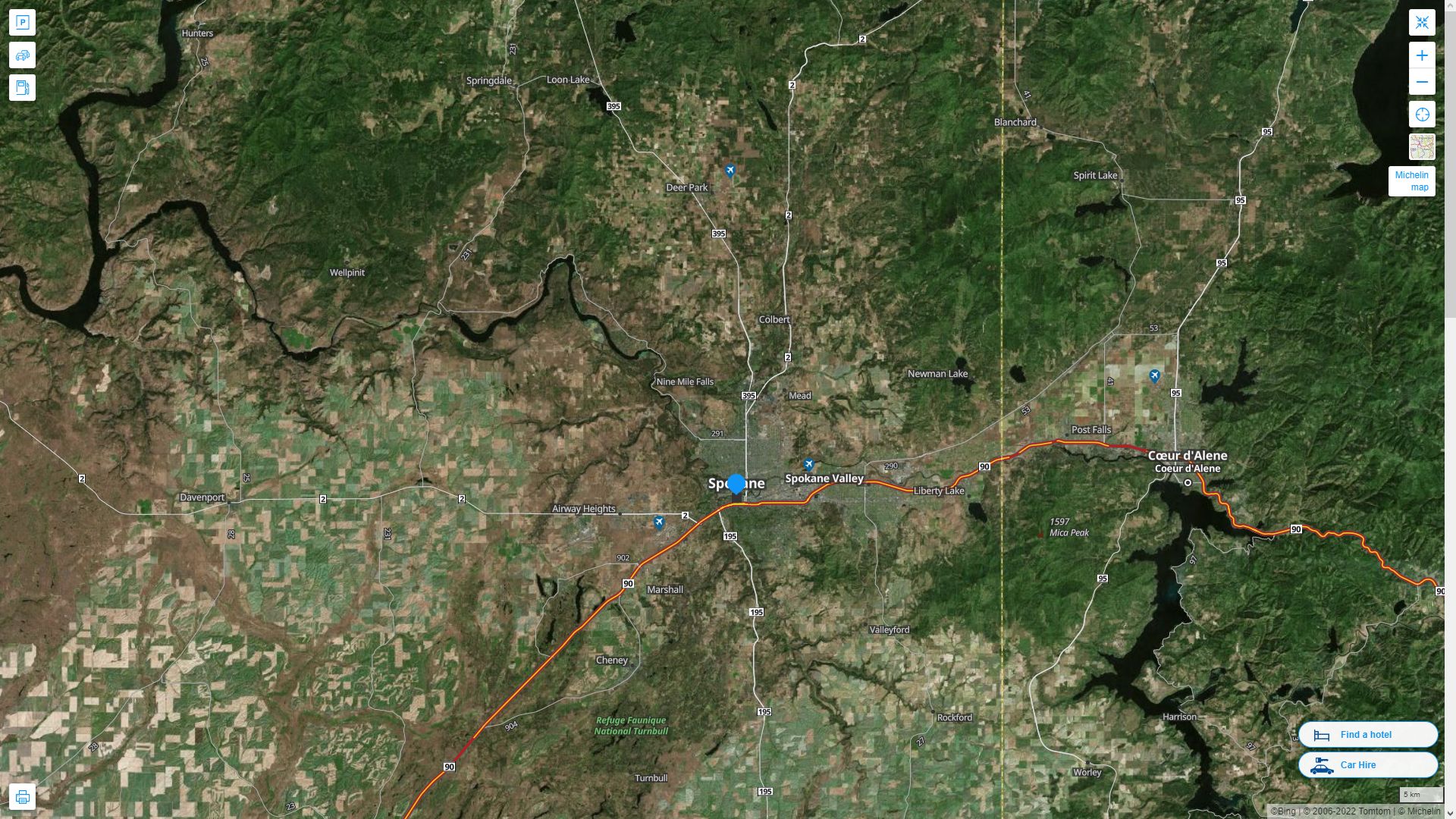 Spokane Washington Highway and Road Map with Satellite View